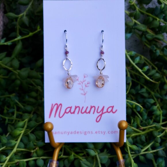 Dangle Flower Earrings - Champagne Cubic Zirconia & Lucite Petals | Sterling Sil - Picture 3 of 4